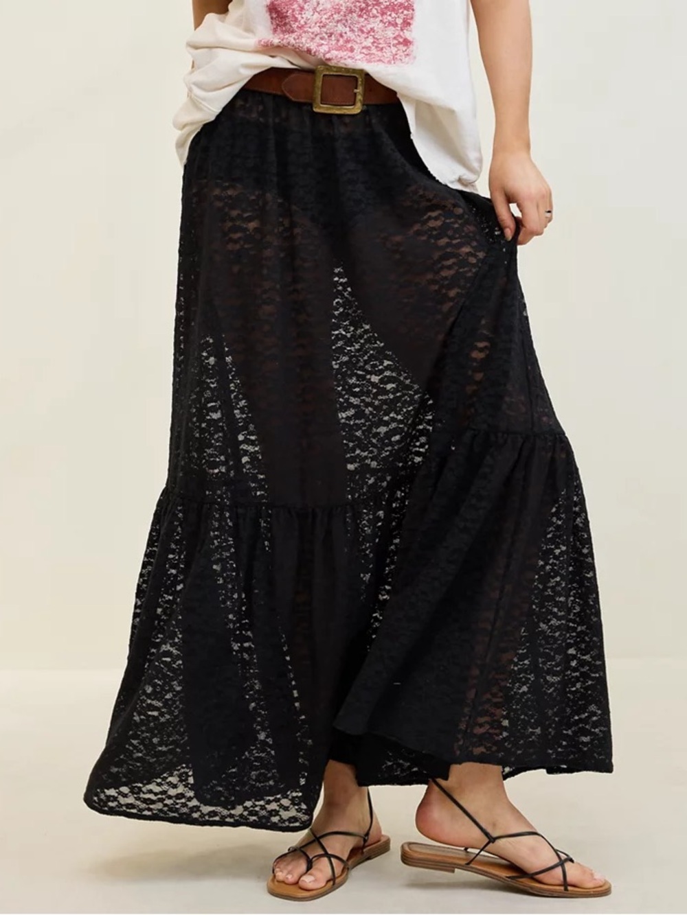 Aerie Tiered Lace Maxi Skirt Black Sz Large
